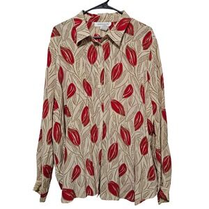 JONES NEW YORK Womens 18W Beige Red Leaf 100% Silk Button Down Shirt Plus Size